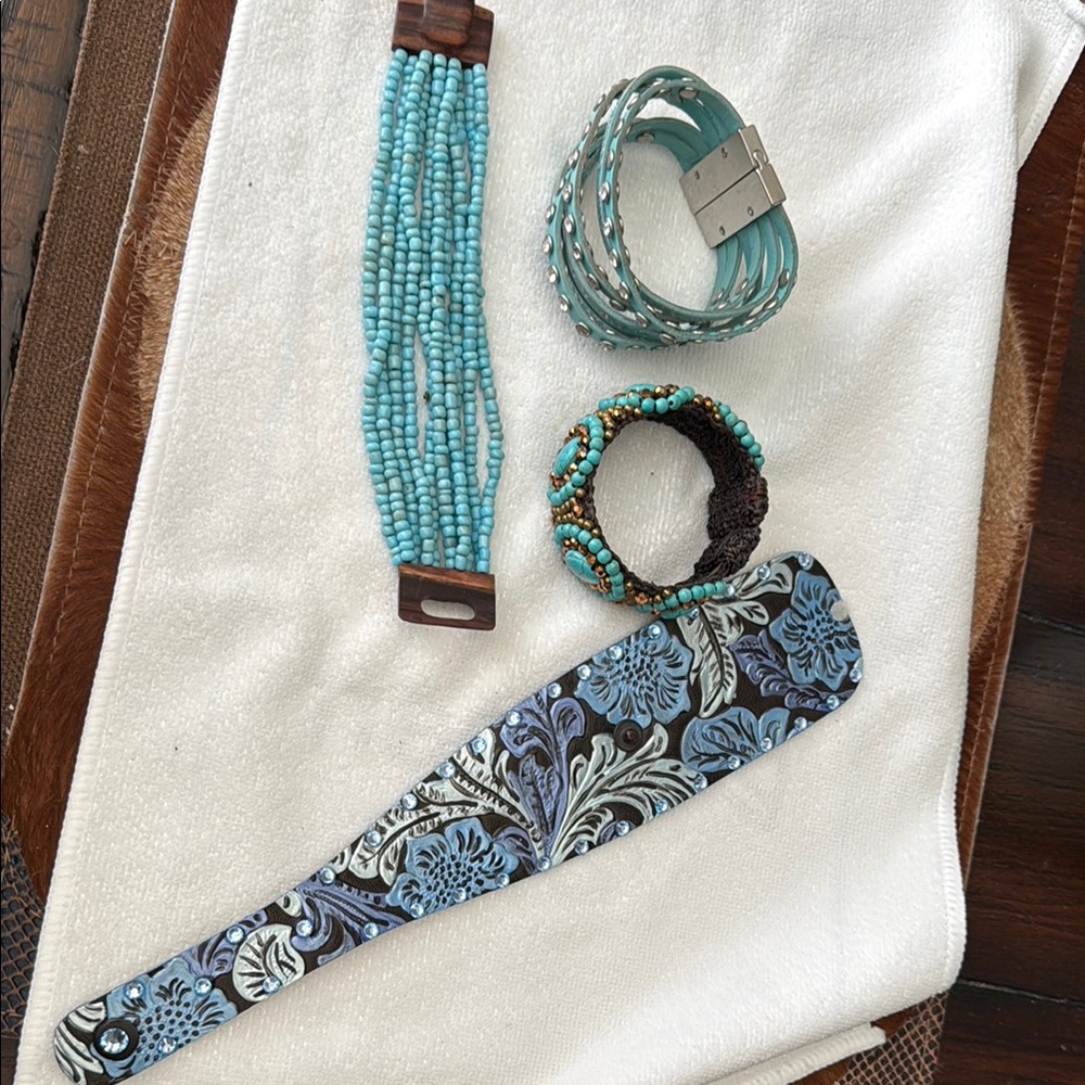 Blue and Brown Leather Belt with Intricate Design